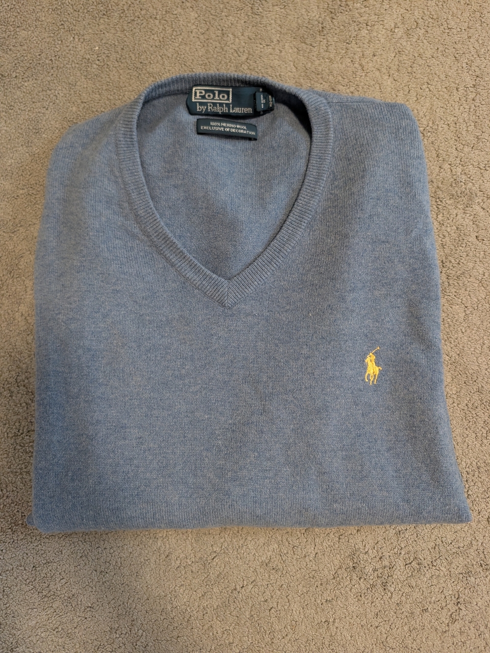 Polo Ralph Lauren Men’s Slate Blue V-Neck Sweater with Yellow Pony, Large